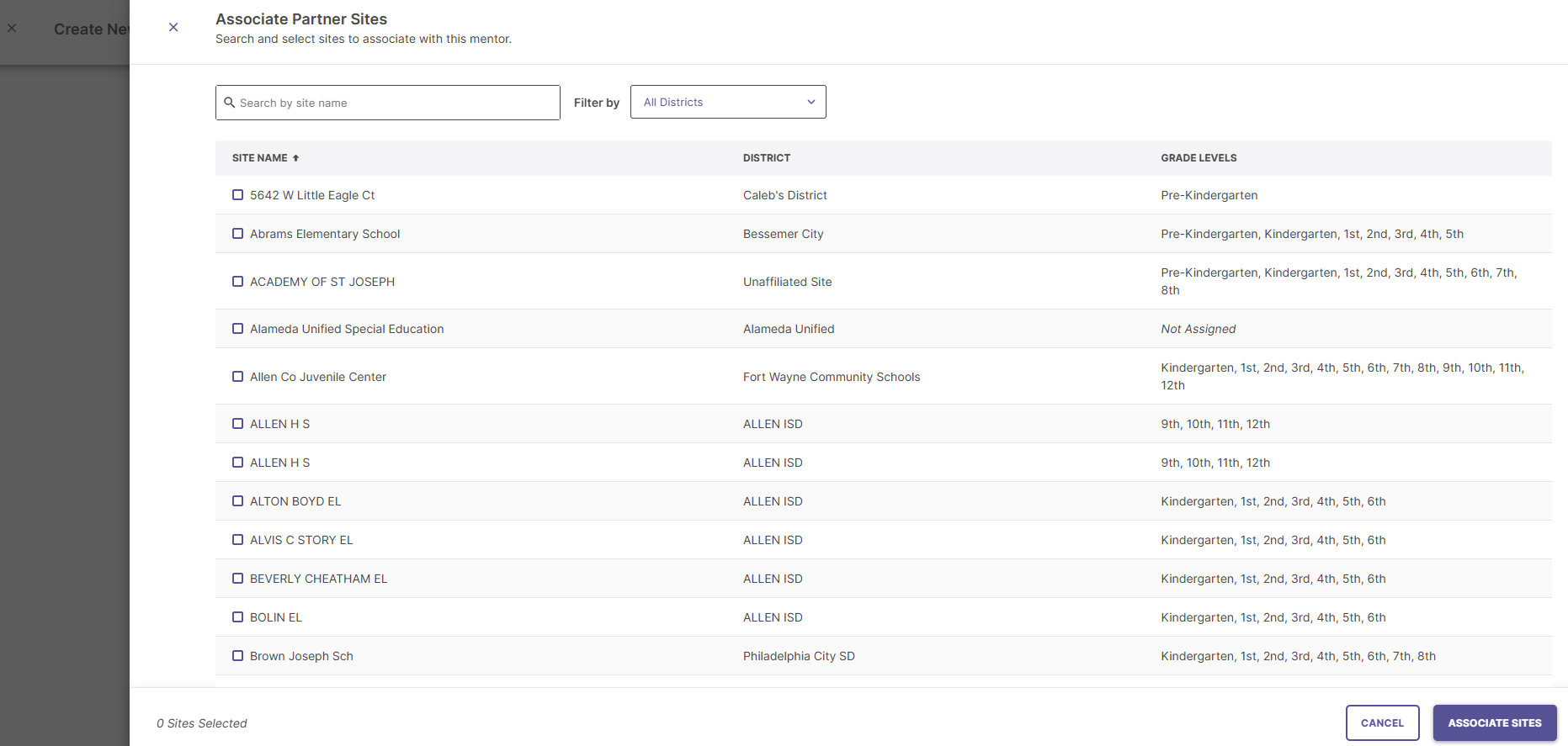 Screenshot showing the "Associate Partner Sites" screen