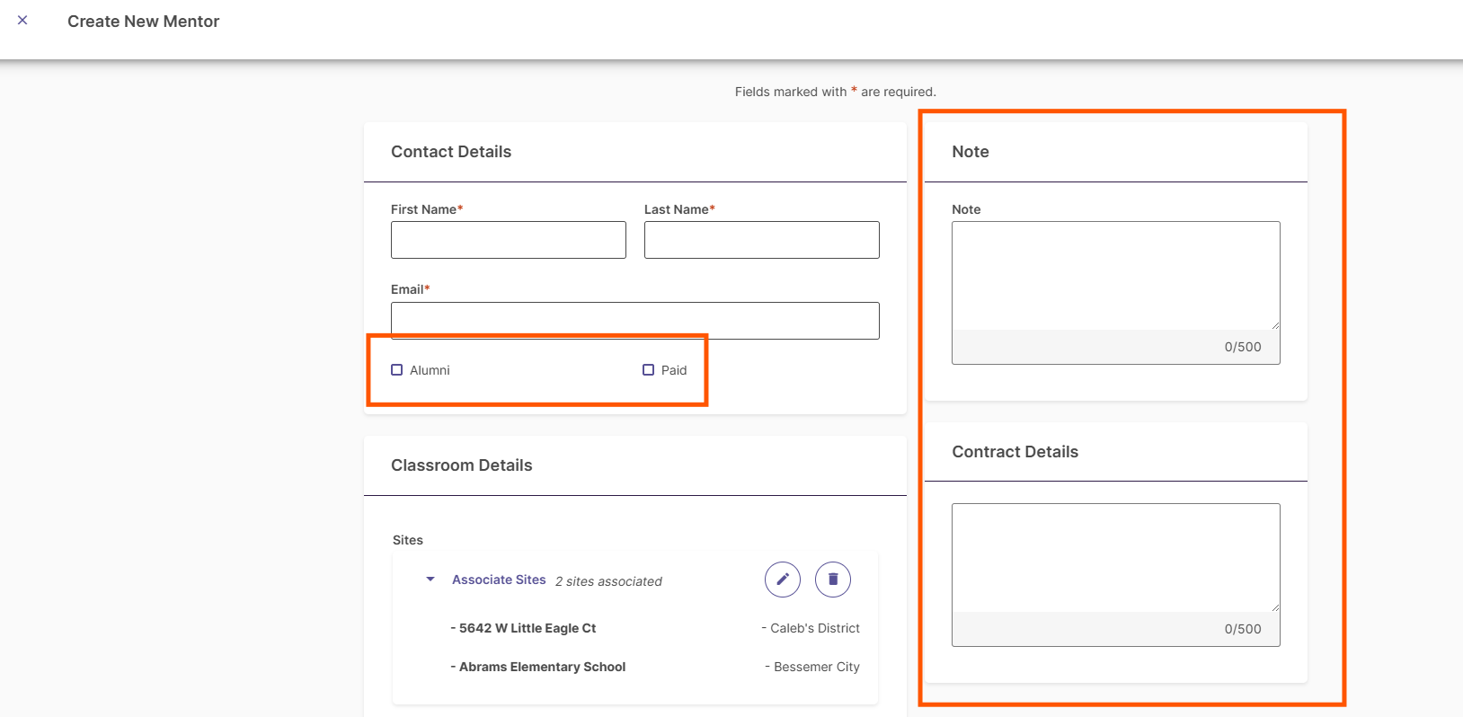 Screenshot showing the "Note" and "Contract Details" text boxes, and the "Alumni" and "Paid" checkboxes