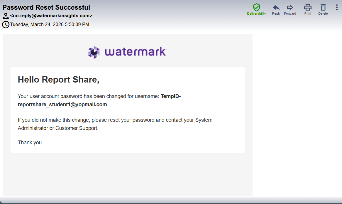 Screenshot showing an example of the email notification sent when a user's password is reset