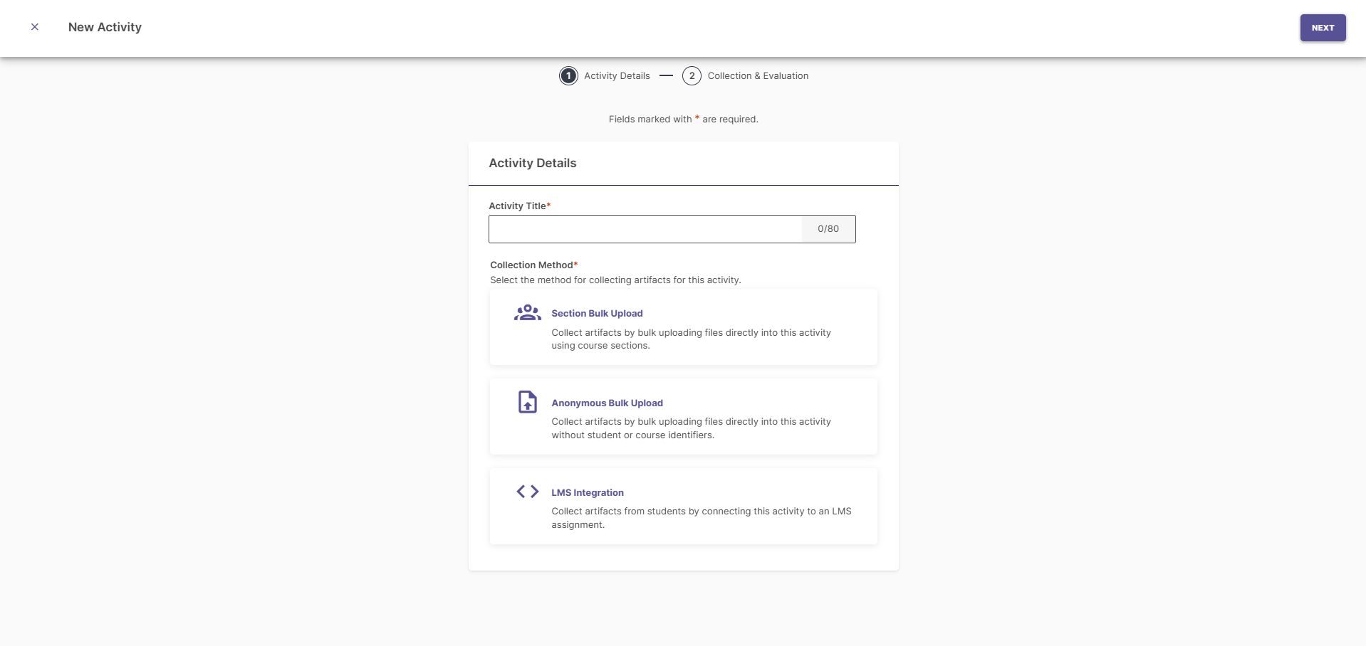Screenshot showing the "Collection Method" options for a new Assessment Projects activity