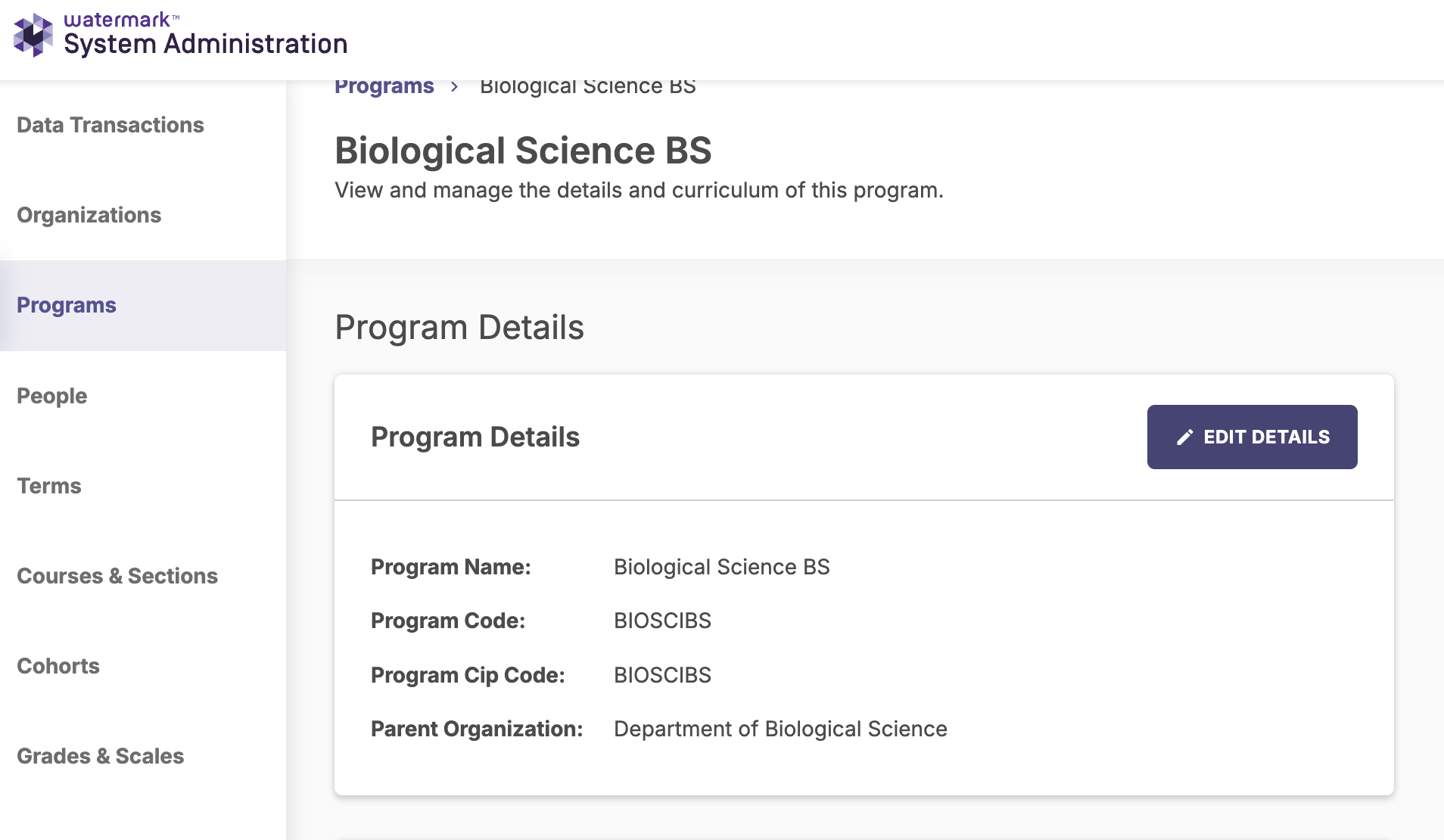 The section showing where the details for a program can be edited.