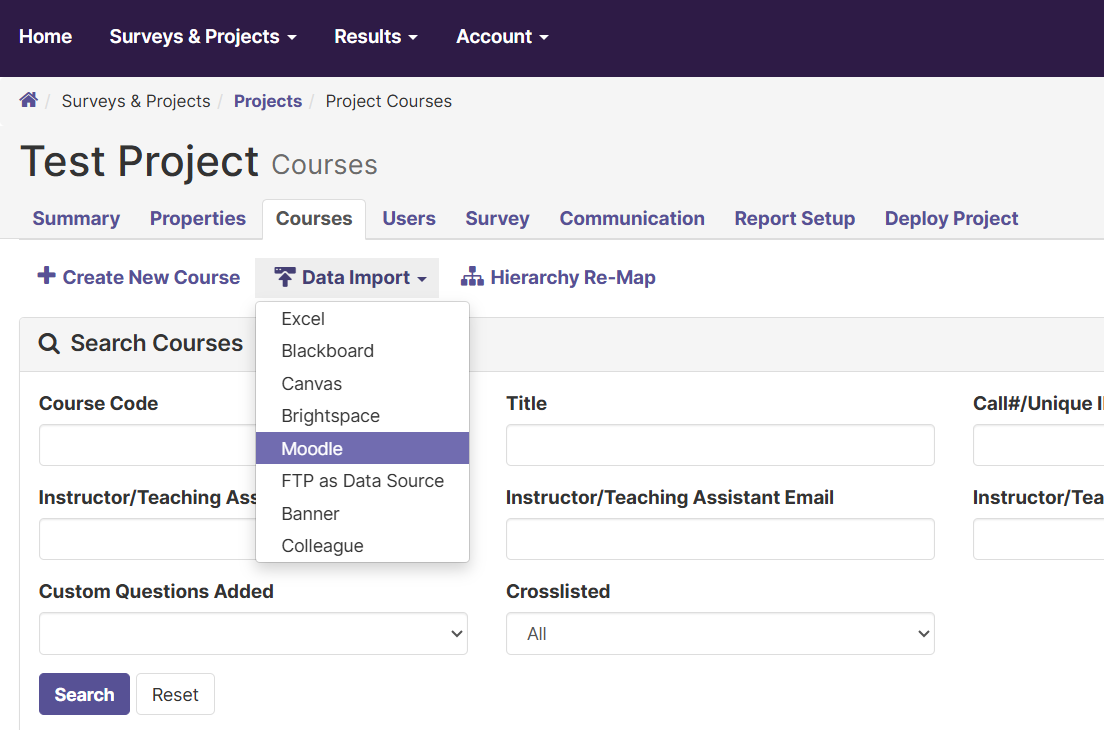 Image of Courses Tab with Data Import dropdown expanded. The Moodle option is selected.