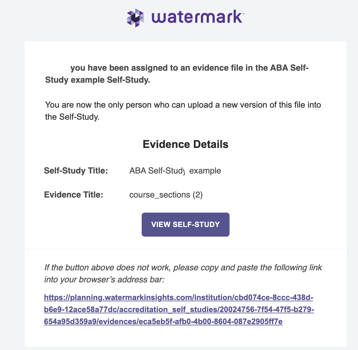 Sample email notification that an assignee receives when assigned to evidence.