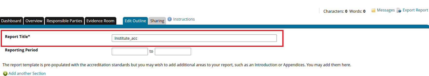 Close-up of the report title text field and the green plus icon used to add another standard to the section.