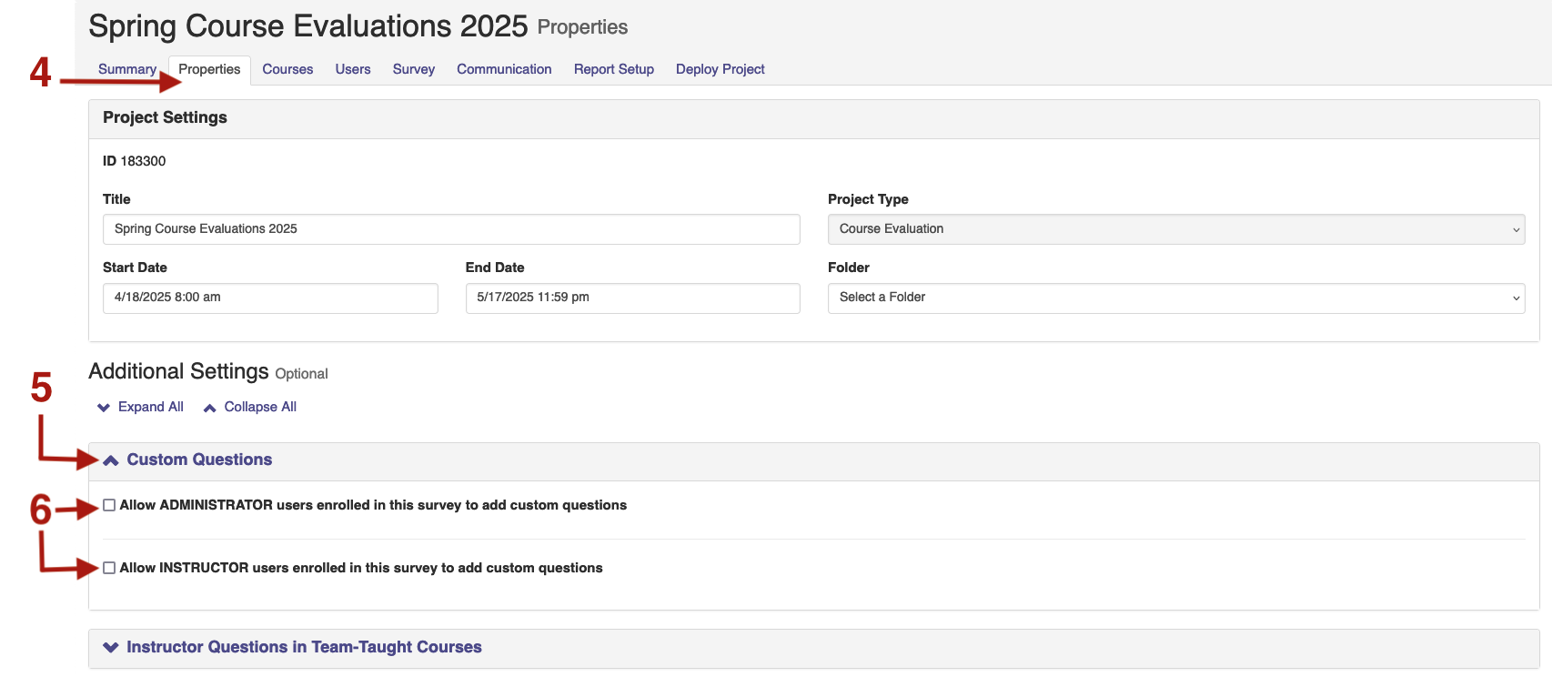 A spring course evaluation 2025 page showing the properties tab with custom questions and two checkboxes highlighted.