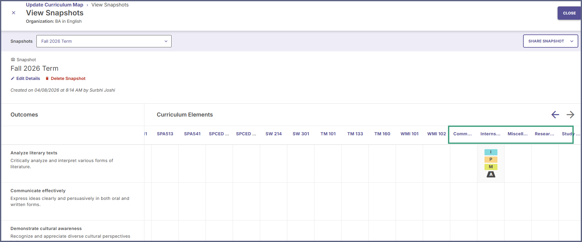 The page is displaying the View Snapshots section and shows the specific snapshot, along with the learning activity.