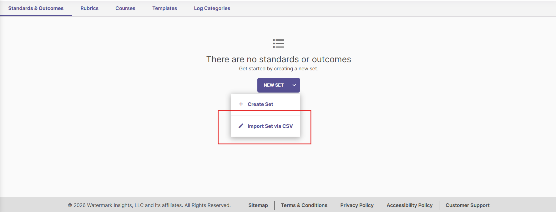 Screenshot showing the "Import Set via CSV" button