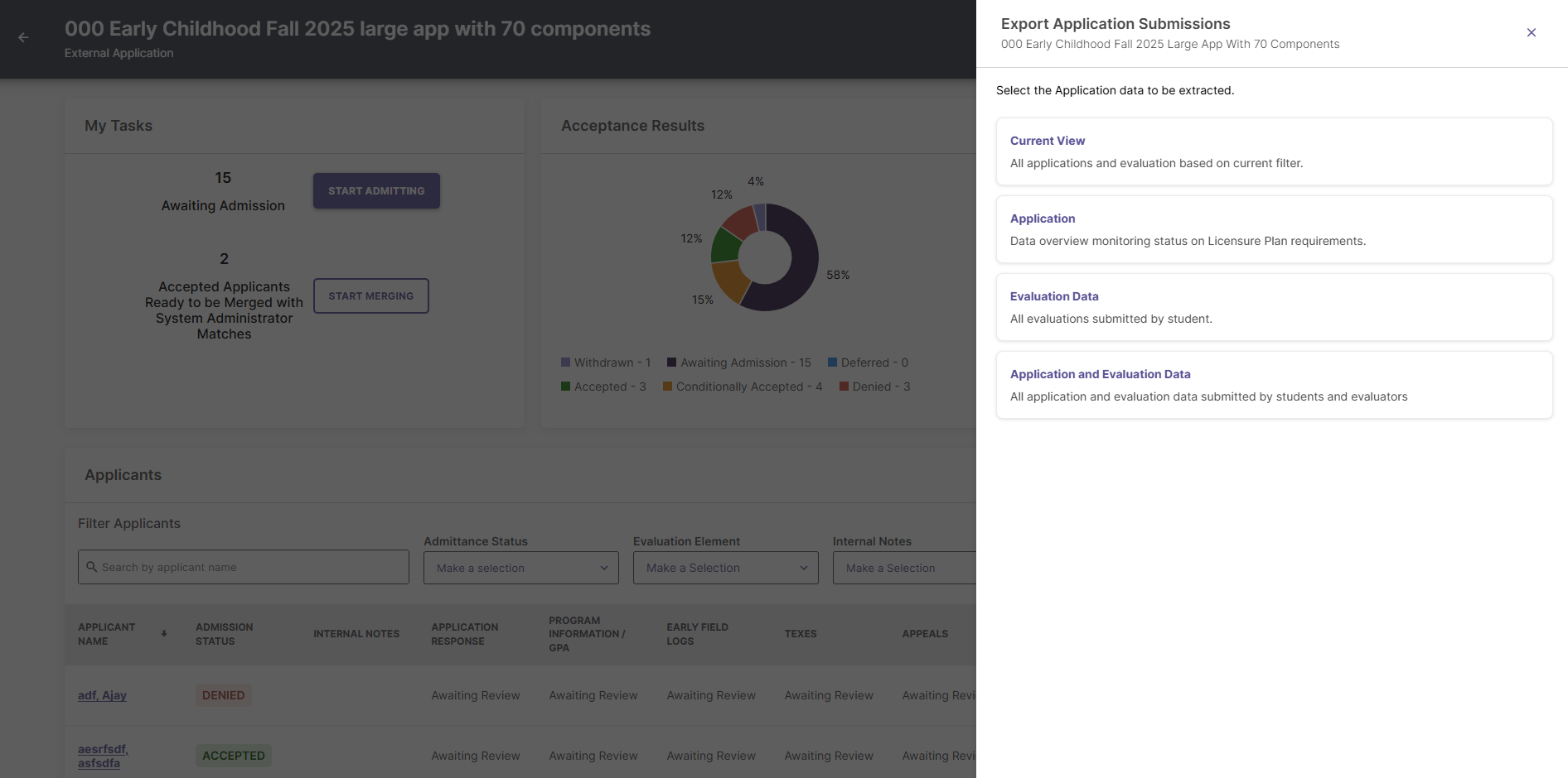 Screenshot showing the Export options for Application Submissions