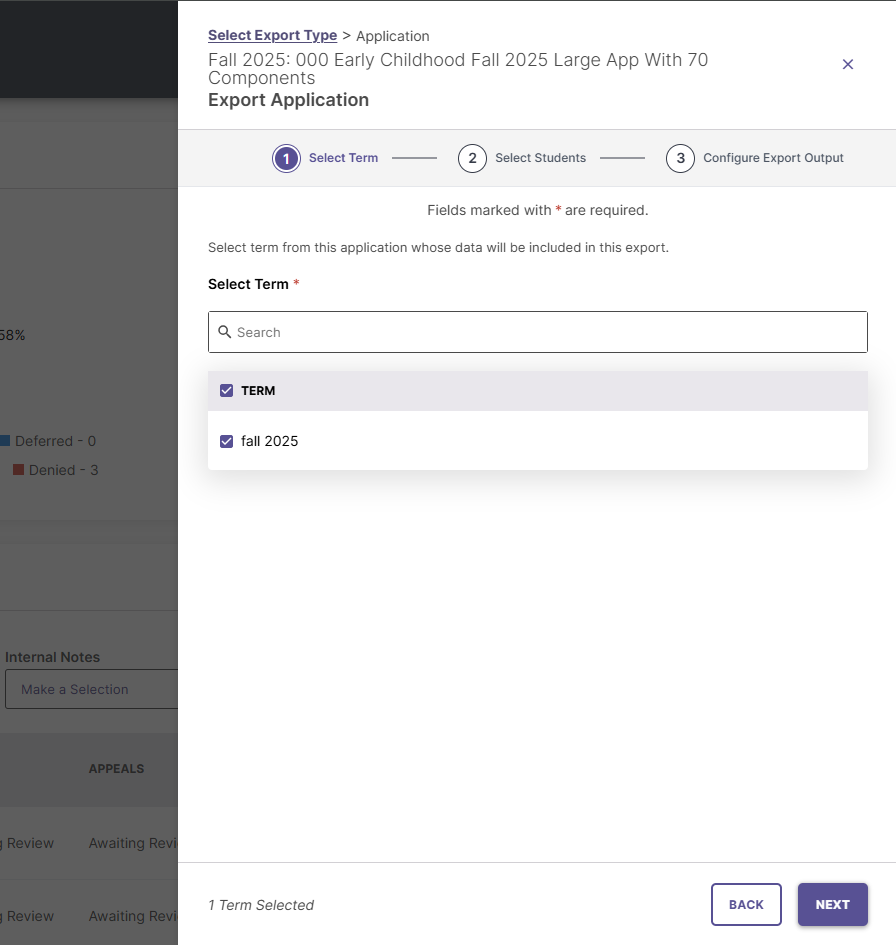 Screenshot showing the Select Term menu when Exporting Application Submissions