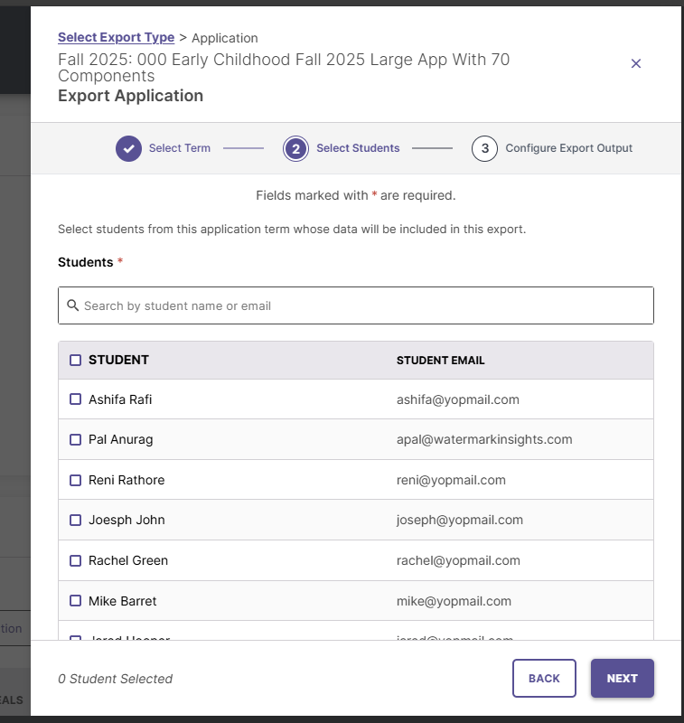 Screenshot showing the Select Students menu when exporting Application submissions