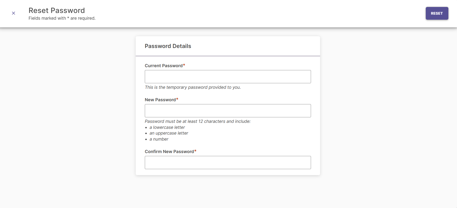 Screenshot showing the Reset Password screen