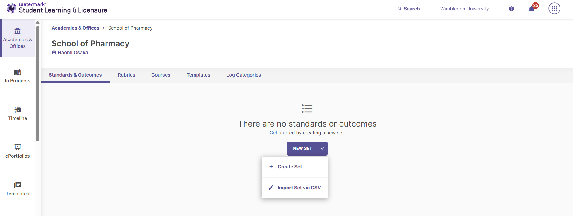 Screenshot showing the 'Create Set" and "Import Set via CSV" options