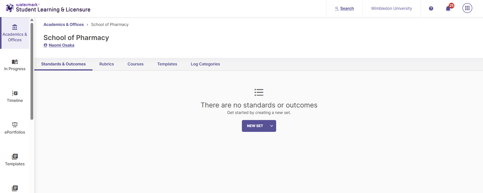 Screenshot showing the "Standards & Outcomes" screen and "New Set" button