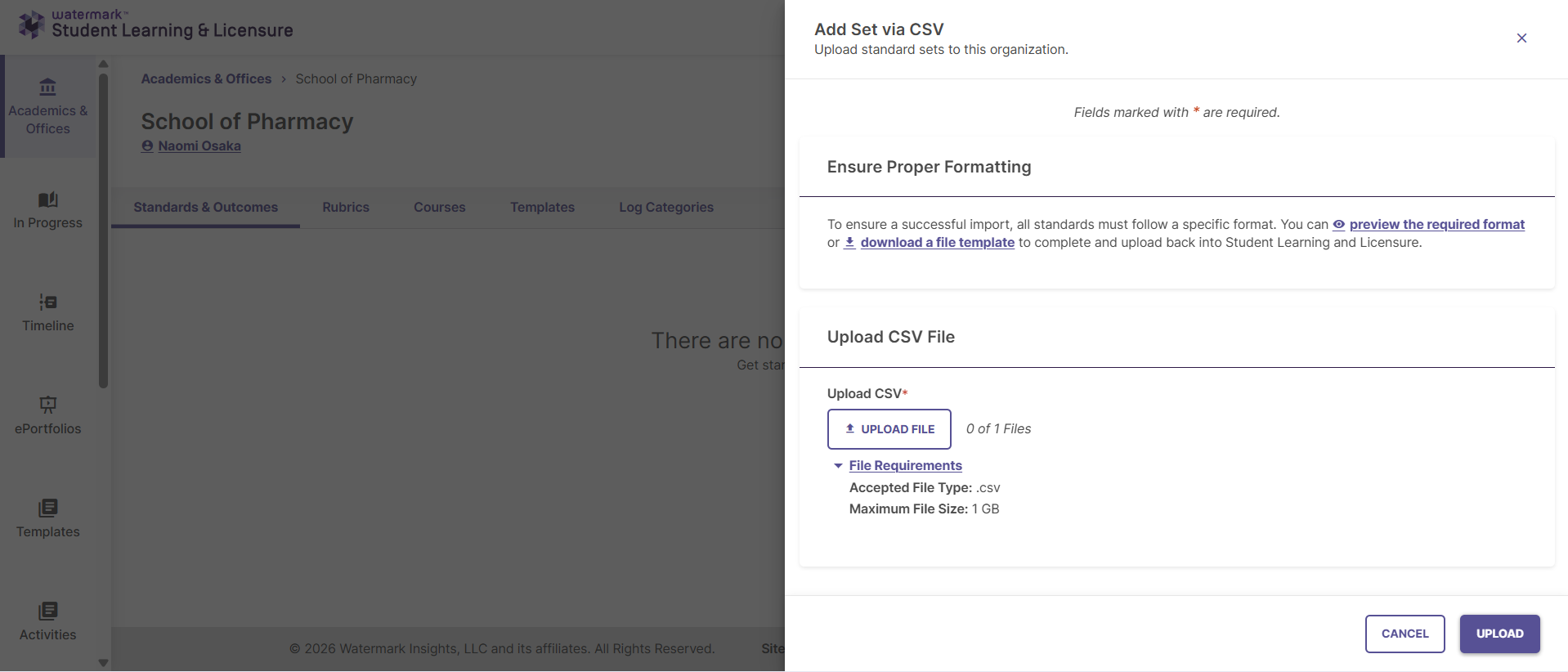 Screenshot showing the "Add Set via CSV" menu