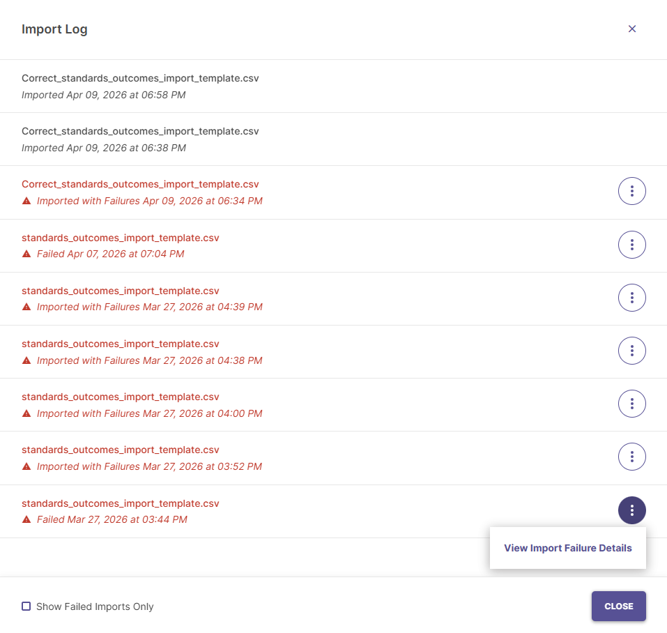 Screenshot showing the Import Log