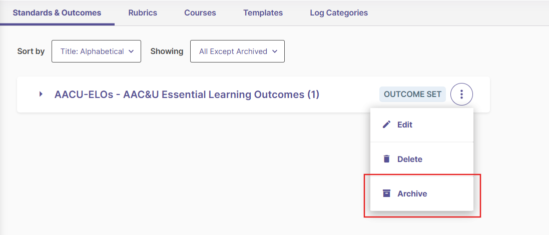 Screenshot showing the Archive option for a Standard/Outcome set