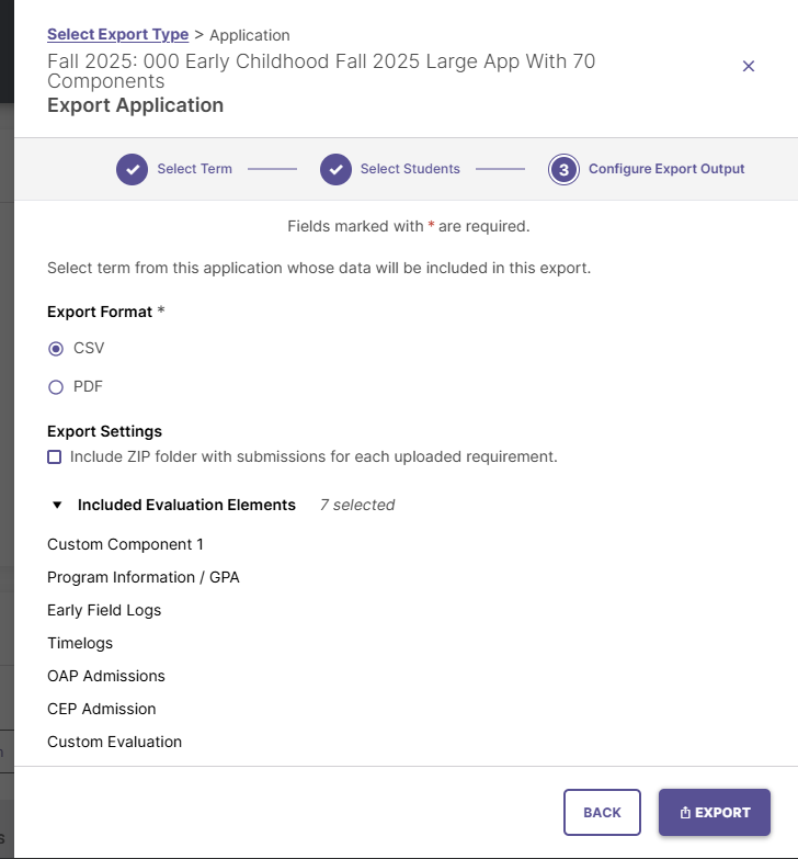 Screenshot showing the "Configure Export Output" screen