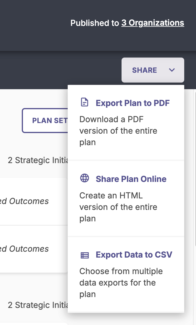 After clicking Share, the options that are available are displayed. Here is the export to PDF, Share Plan online and Export to CSV