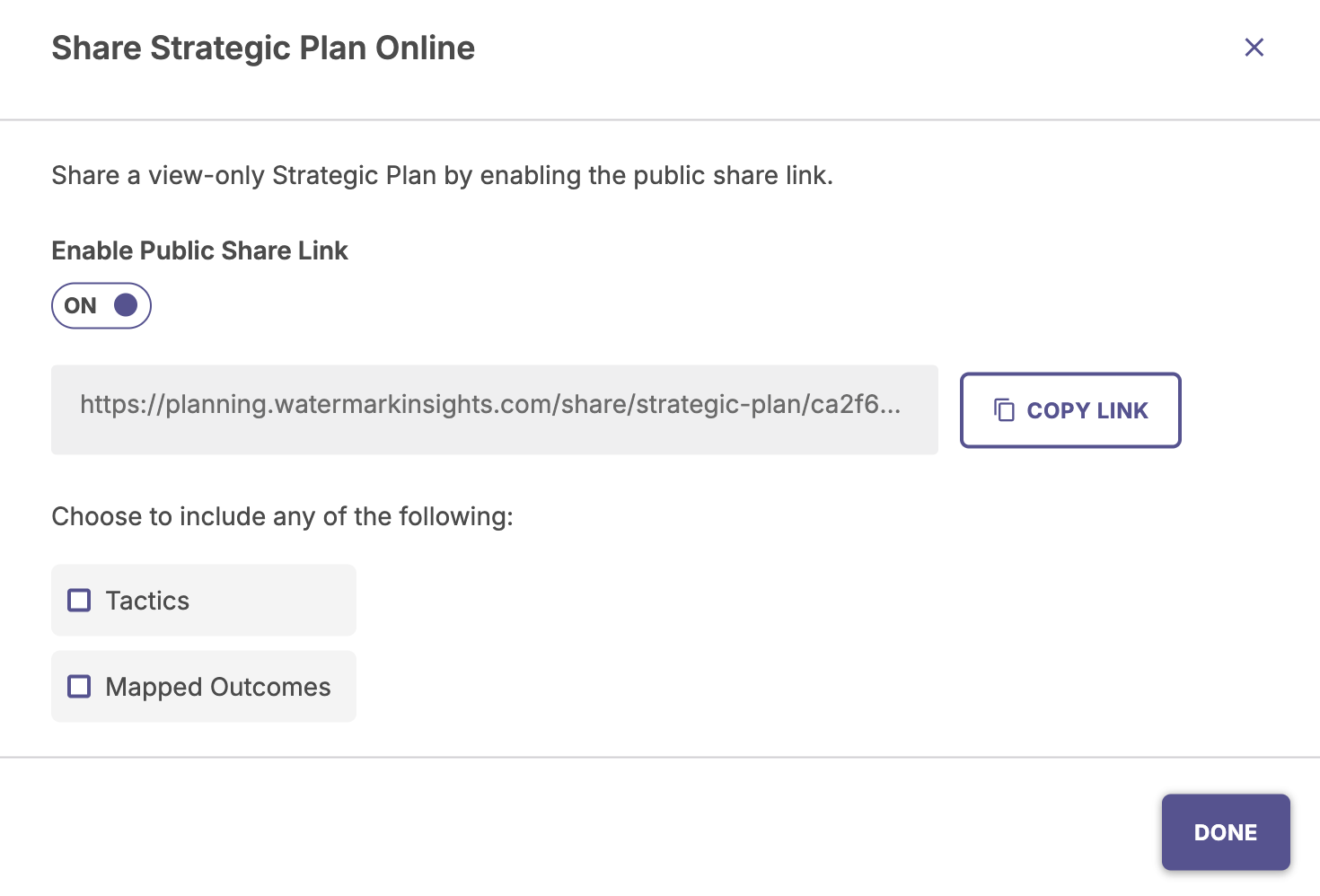 When sharing online, this is the display where a user can enable the public link, copy the link and choose elements to include in the public link.