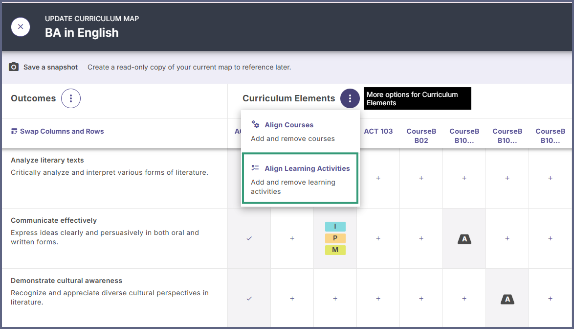 Curriculum map displaying the additional elements that can be added by clicking the more options ellipses. In that drop down is the option to align learning activities.