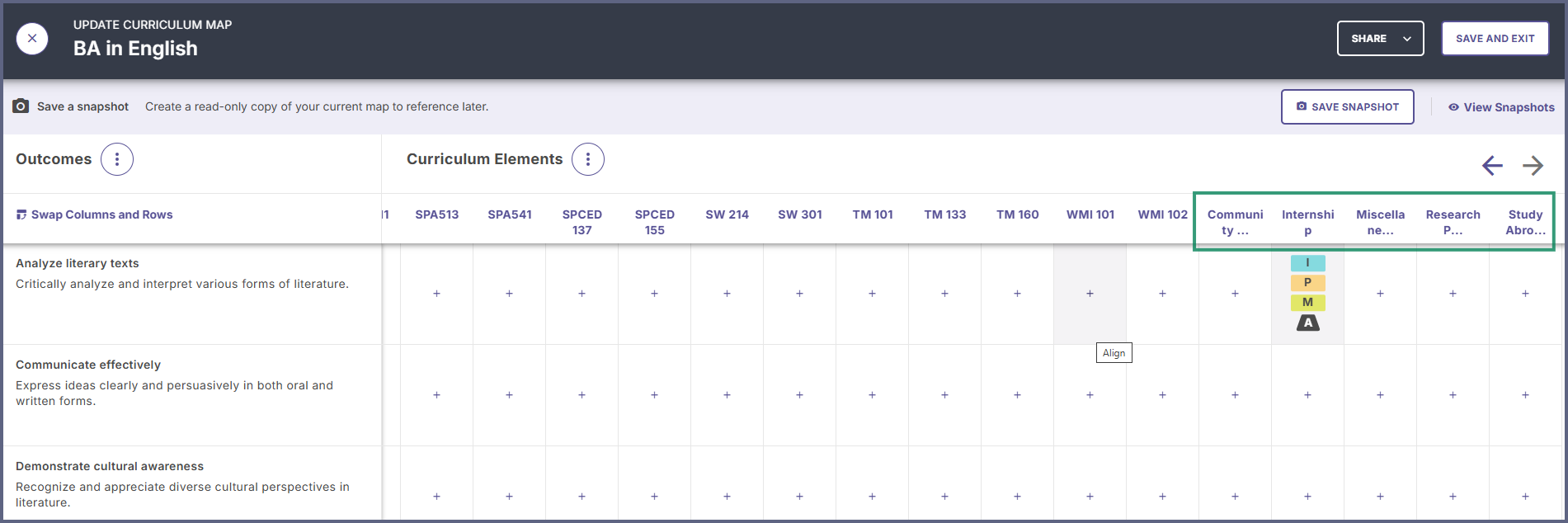 View of curriculum map with new non-course learning activities added and aligned.