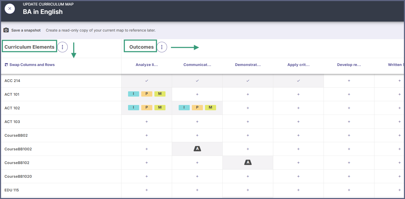 This view displays the curriculum map once the rows and columns are swapped.