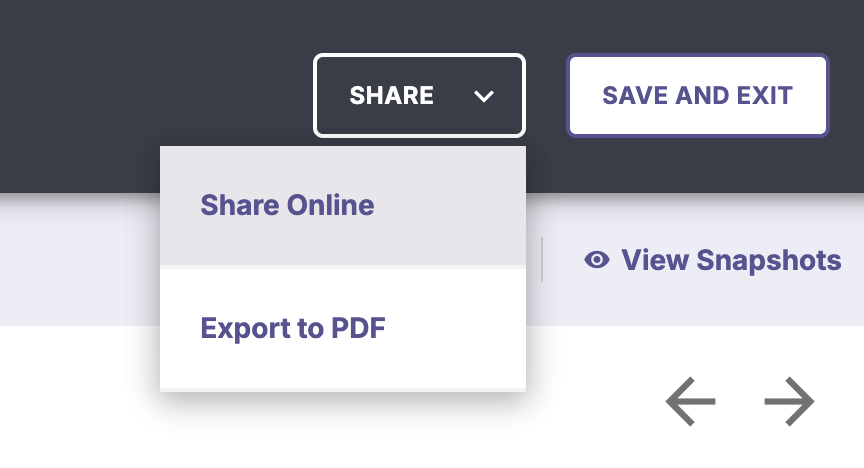 The curriculum map options to share a snapshot online, or to export to PDF.