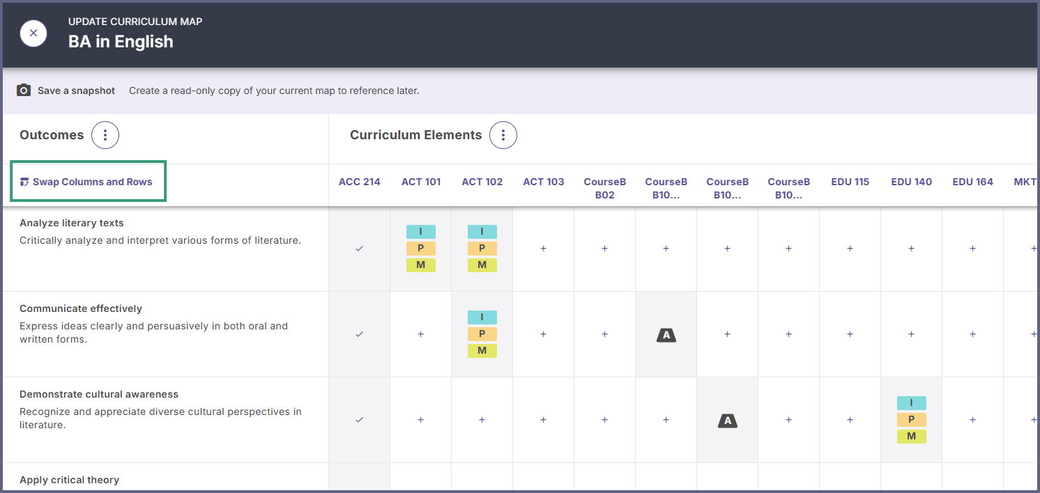 View of the curriculum map with the option to toggle between the standard and vertical view.