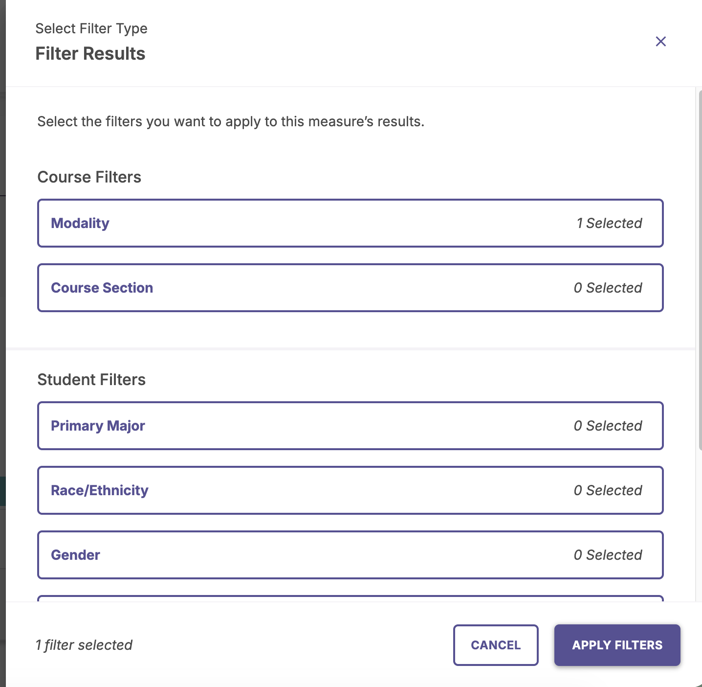 The box displaying the filter options available.