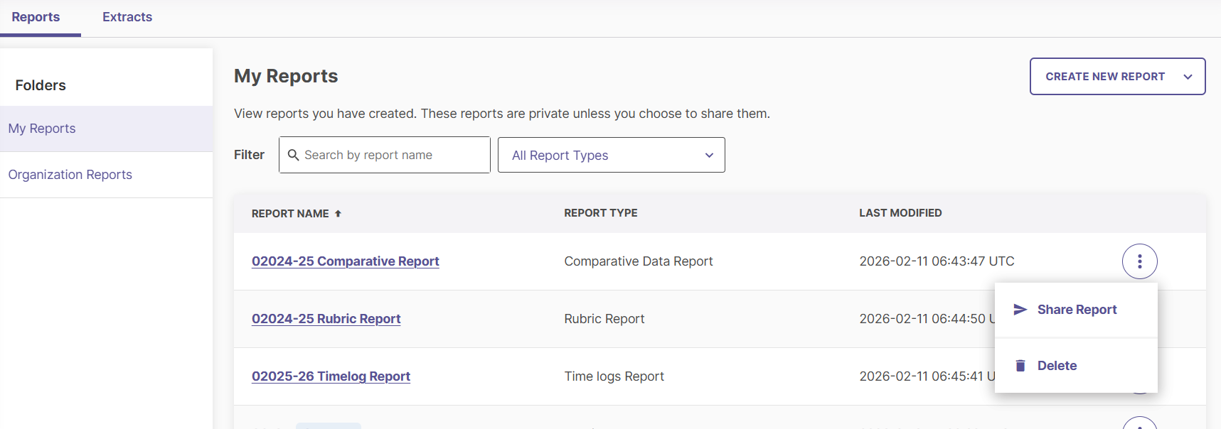 The overflow menu on a report showing the 'Share Report' option.