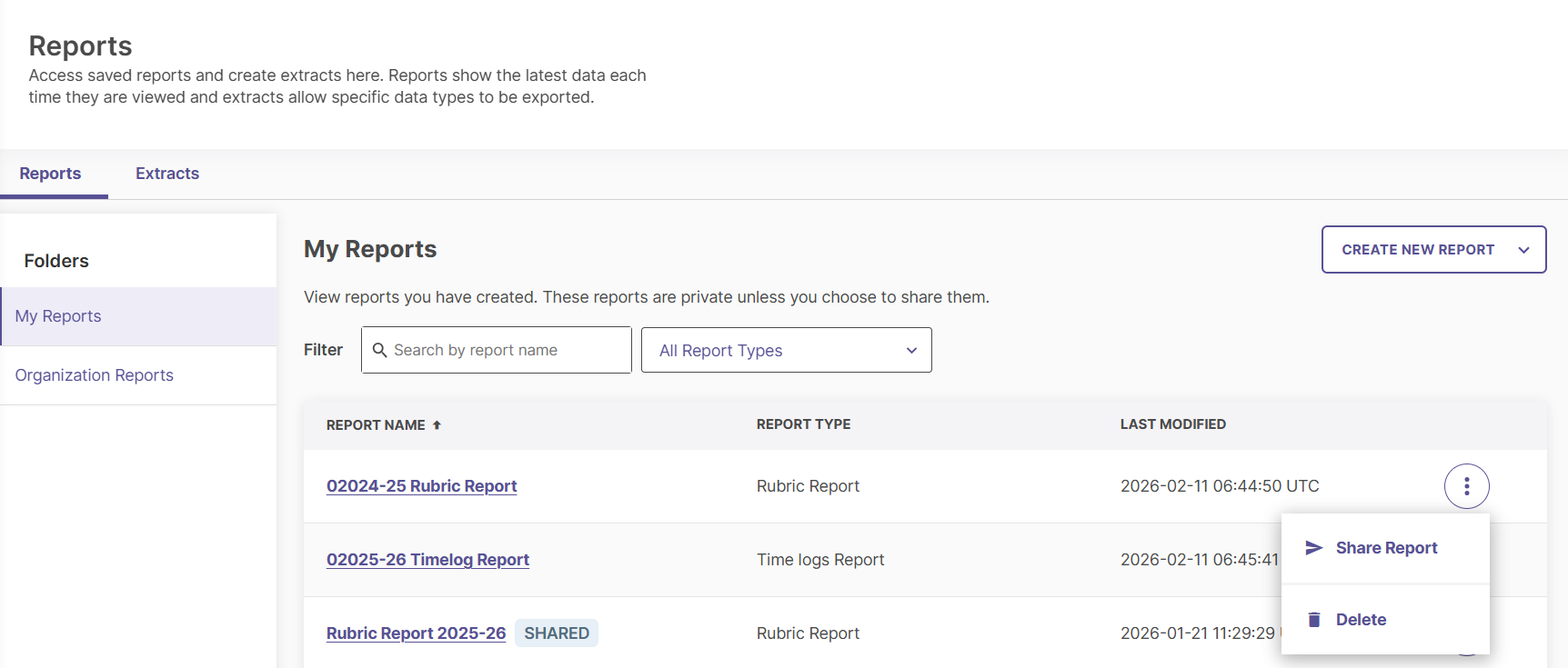 Selecting the Delete option from the report overflow menu.