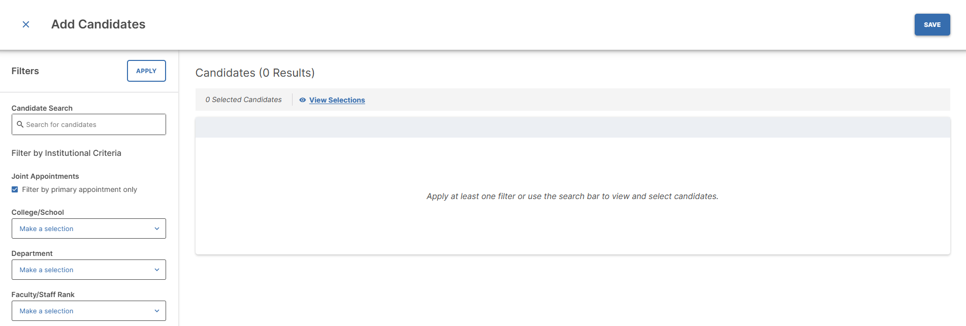 The Add Candidate selection window with a Filters pane on the left including College/School, Department, and Faculty/Staff Rank. In the middle-right is an open area which returns the candidate list based on filters applied