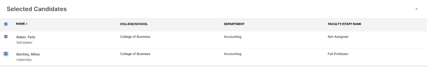 The flyout modal for Selected Candidates showing two candidate names with the checkbox selected for both names