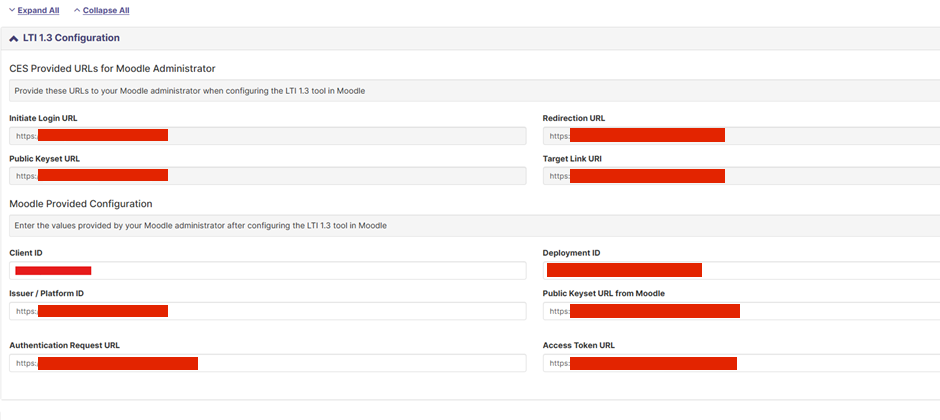Screenshot showing where to add moodle generated values in CES.