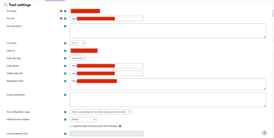 The screenshot shows adding tool configuration details in Moodle.