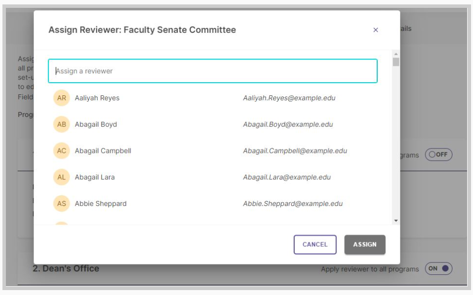 An Assign Reviewer window for the Faculty Senate Committee stage showing a search field labeled 'Assign a reviewer' and a list of available reviewers with names and email addresses, along with Cancel and Assign buttons.