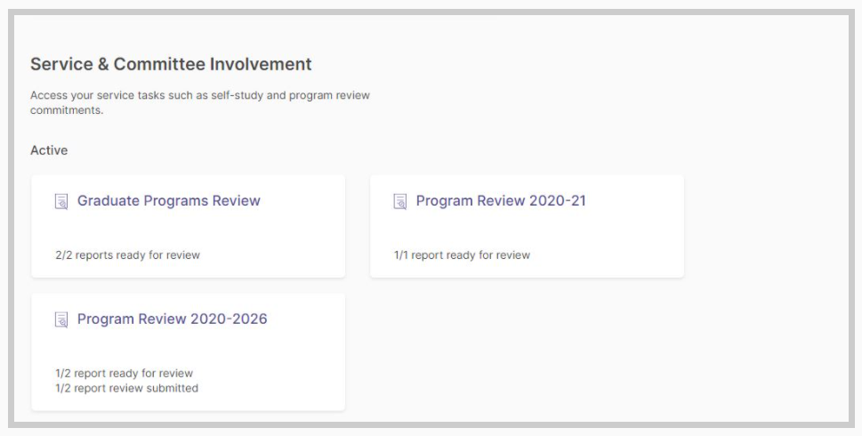 A Service & Committee Involvement page showing active program review tasks, including Graduate Programs Review, Program Review 2020–21, and Program Review 2020–2026, each displaying the number of reports ready for review or submitted.