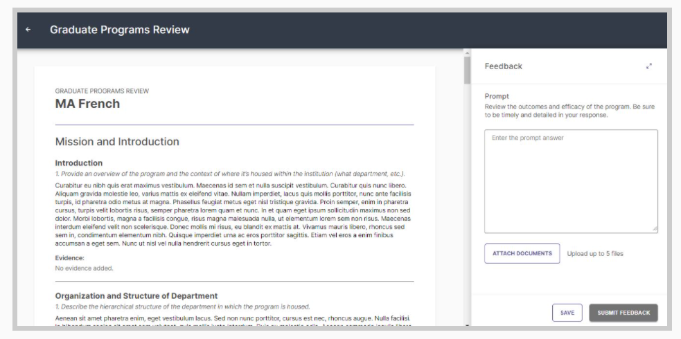 A Graduate Programs Review page showing the MA French report with sections such as Mission and Introduction, including narrative responses and evidence fields, alongside a Feedback panel with a prompt, a text box for entering feedback, an option to attach documents, and Save and Submit Feedback buttons.