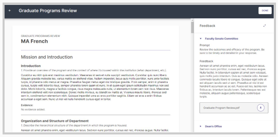 A Graduate Programs Review page showing the MA French report with sections such as Mission and Introduction, alongside a Feedback panel displaying completed feedback for the Faculty Senate Committee stage, including the prompt, written feedback, and an attached document, with additional stages listed below and a Done button.