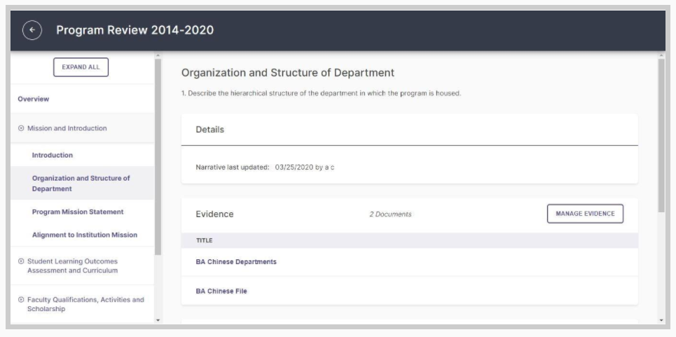 An program review 2014 -2020 page showing the Organization and Structure of Department section with narrative details including the last updated date, and an Evidence area listing two documents with an option to manage evidence.