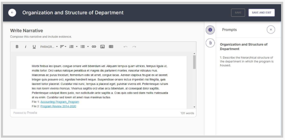 An editor page showing a Write Narrative section with a rich‑text editor containing typed narrative content and file references, along with a Prompts panel showing guidance for the Organization and Structure of Department section and options to save or exit.