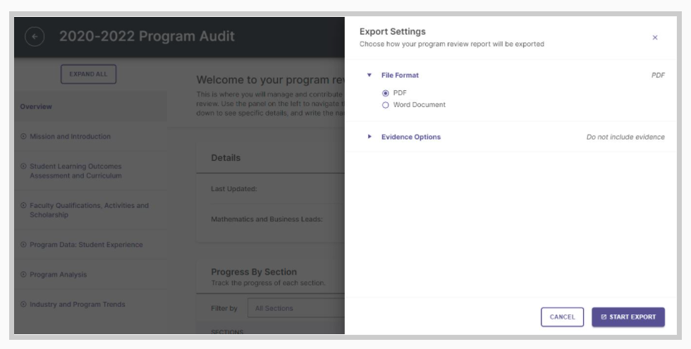 An export settings panel showing options to choose the file format, including PDF and Word Document, along with evidence options and buttons to cancel or start the export.