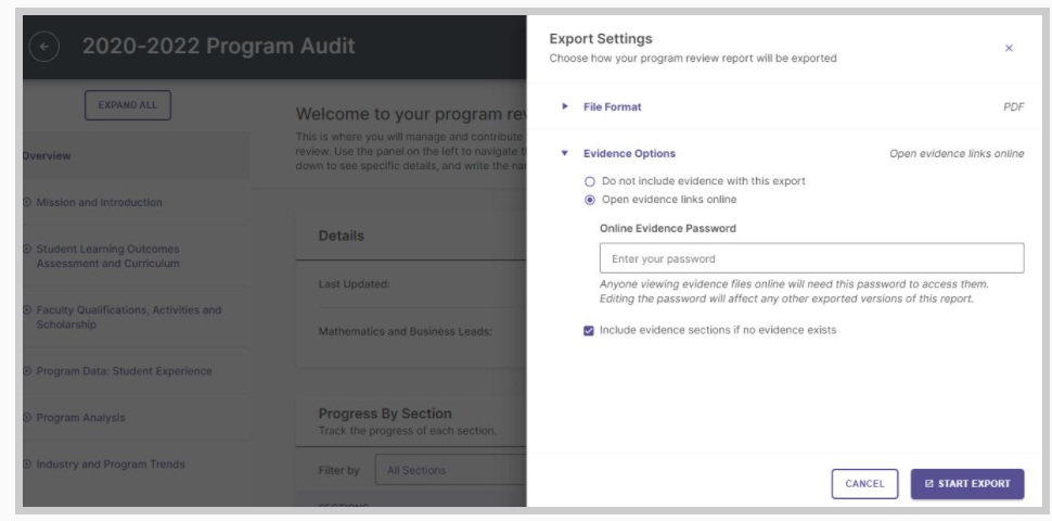 An export settings panel showing evidence options, including choices to exclude evidence or open evidence links online with a password field, along with an option to include evidence sections if none exist and buttons to cancel or start the export.