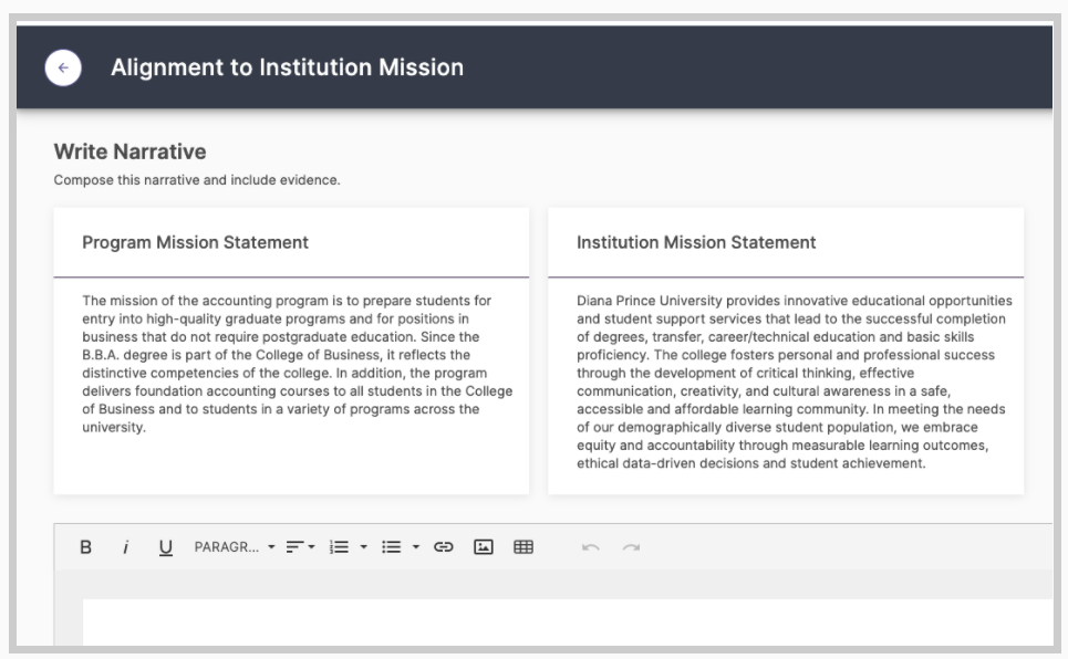 An editor page showing the Alignment to Institution Mission section with two reference panels titled Program Mission Statement and Institution Mission Statement, followed by a narrative editor for composing the response.