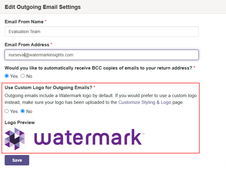 The 'Edit Outgoing Email Settings' page showing a question about using a custom logo for outgoing emails, with the 'No' option selected. A logo preview below shows the Watermark logo, followed by a 'Save' button.