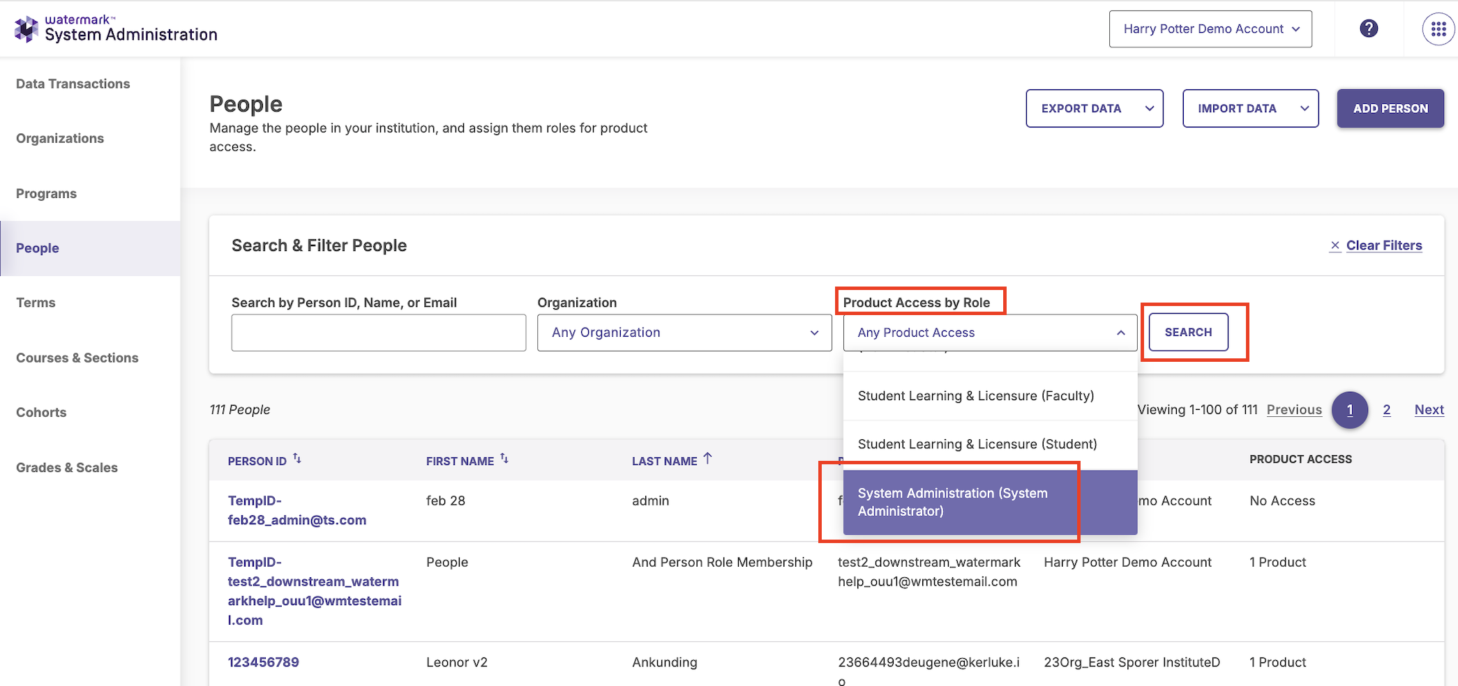 The "Product Access by Role" field with "System Administration" option highlighted