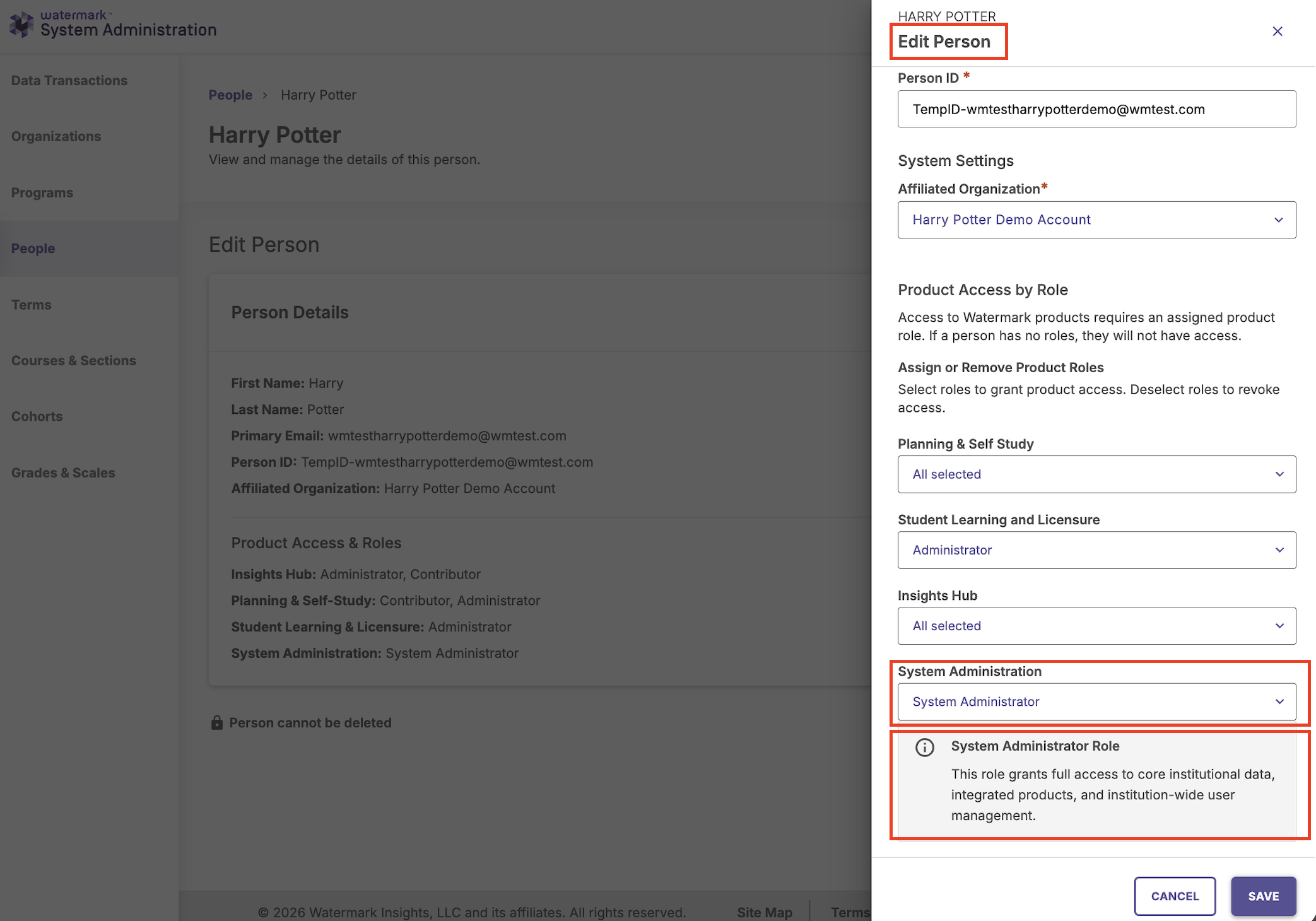 The Edit Person screen with the System Administration role selector highlighted