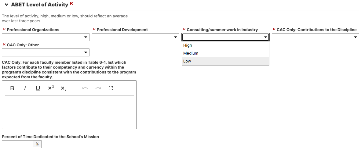 Screenshot of the ABET Level of Activity section on the Yearly Data screen, showing dropdown fields for Professional Organizations, Professional Development, and Consulting/summer work in industry, each set to High, Medium, or Low.
