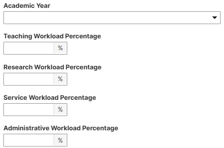 Screenshot of the Workload Information screen showing Teaching, Research, Service, and Administrative Workload Percentage fields populated with example values.