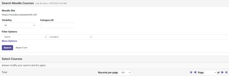 Image shows the screen where to search within synced Moodle courses